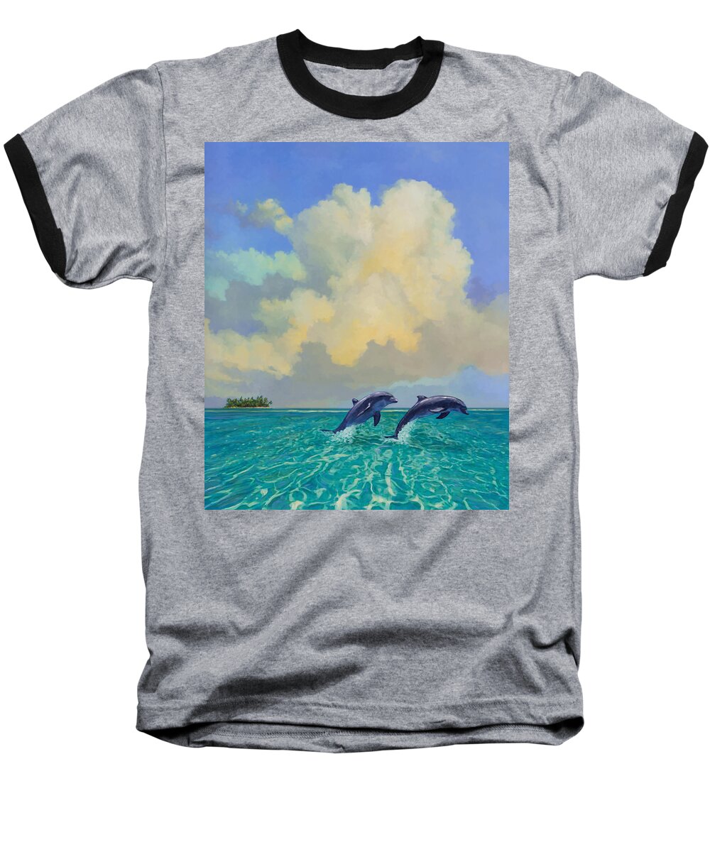 Dolphins Baseball T-Shirt featuring the painting Porpoiseful Play by David Van Hulst
