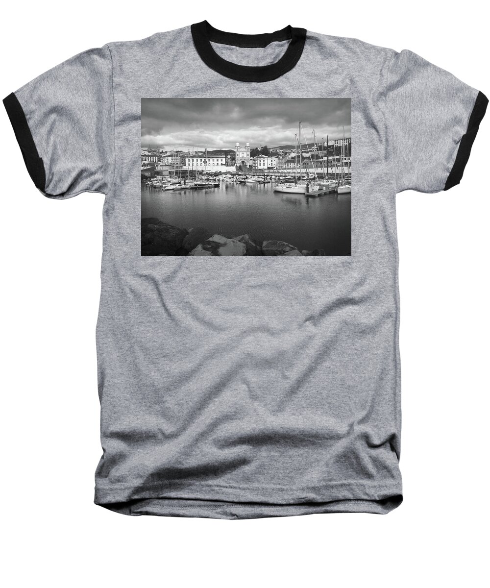 Kelly Hazel Baseball T-Shirt featuring the photograph Port of Angra do Heroismo, Terceira Island, The Azores in Black and White by Kelly Hazel