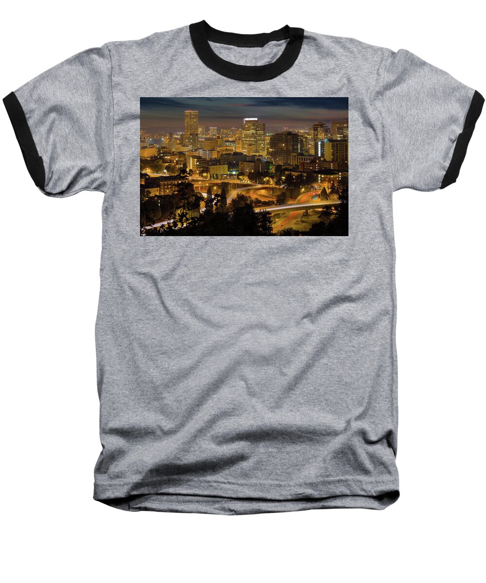 Portland Baseball T-Shirt featuring the photograph Portland Downtown Cityscape and Freeway at Night by David Gn