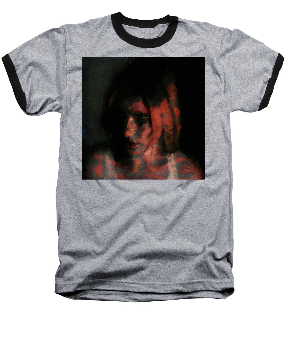 Portrait Baseball T-Shirt featuring the painting Portrait painting of girl in red gray black with wistful thoughts of fleeting memories by MendyZ