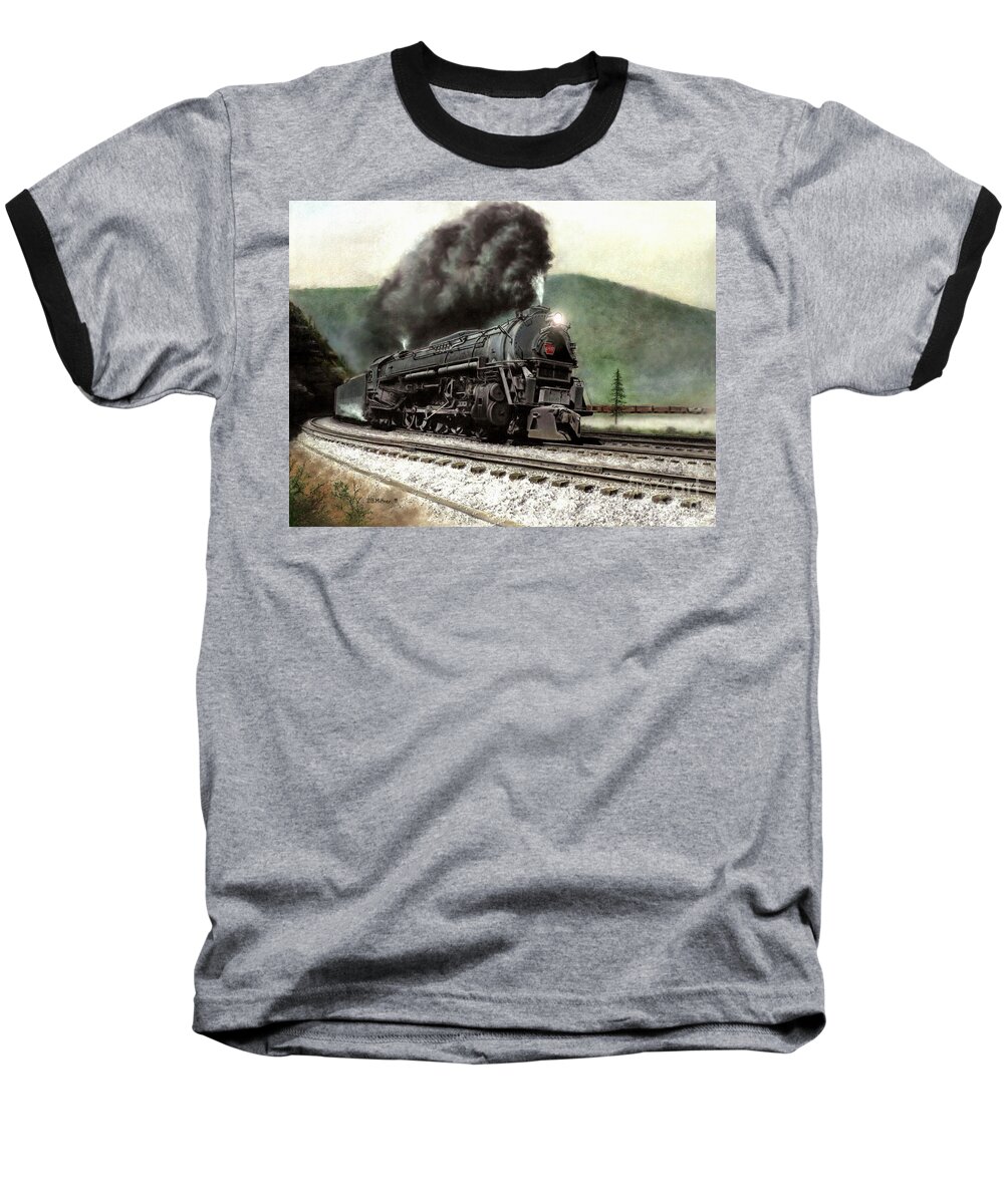 Steam Locomotive Baseball T-Shirt featuring the painting Power on the Curve by David Mittner