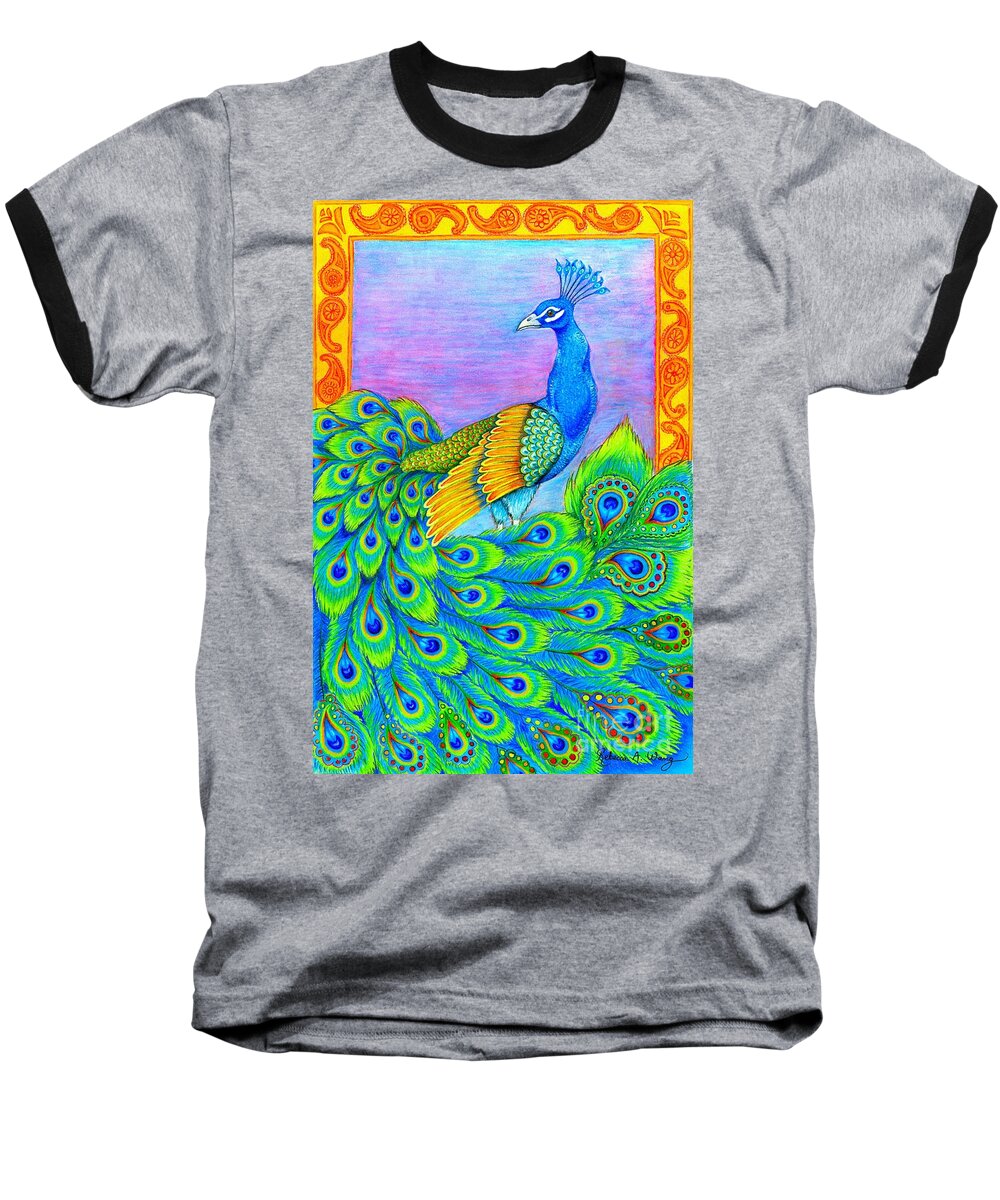 Peacock Baseball T-Shirt featuring the drawing Pretty Peacock by Rebecca Wang