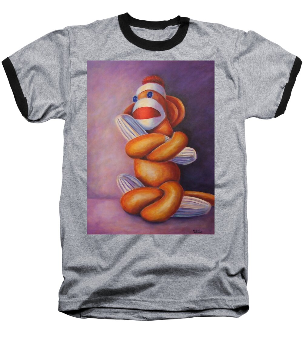 Sock Monkey Baseball T-Shirt featuring the painting Pretzel Sock Monkey by Shannon Grissom