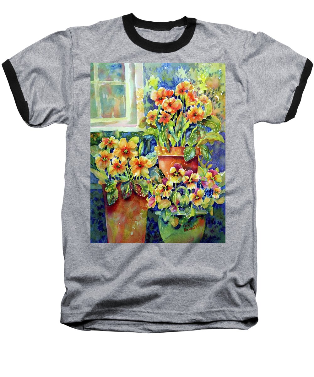 Watercolor Painting Baseball T-Shirt featuring the painting Primroses and Pansies II by Ann Nicholson