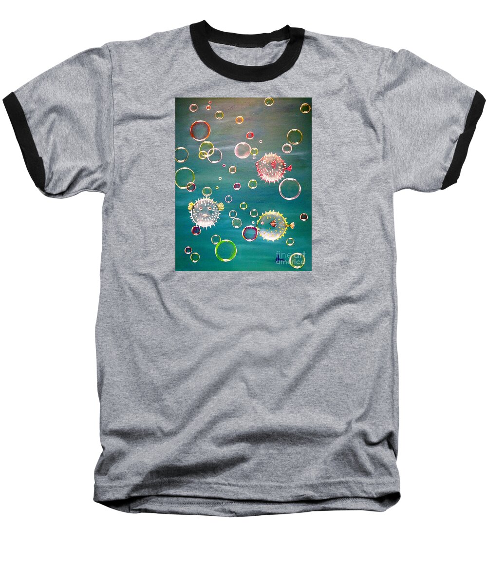 Puffer Fish Baseball T-Shirt featuring the painting Puffer Fish Bubbles by Karen Jane Jones