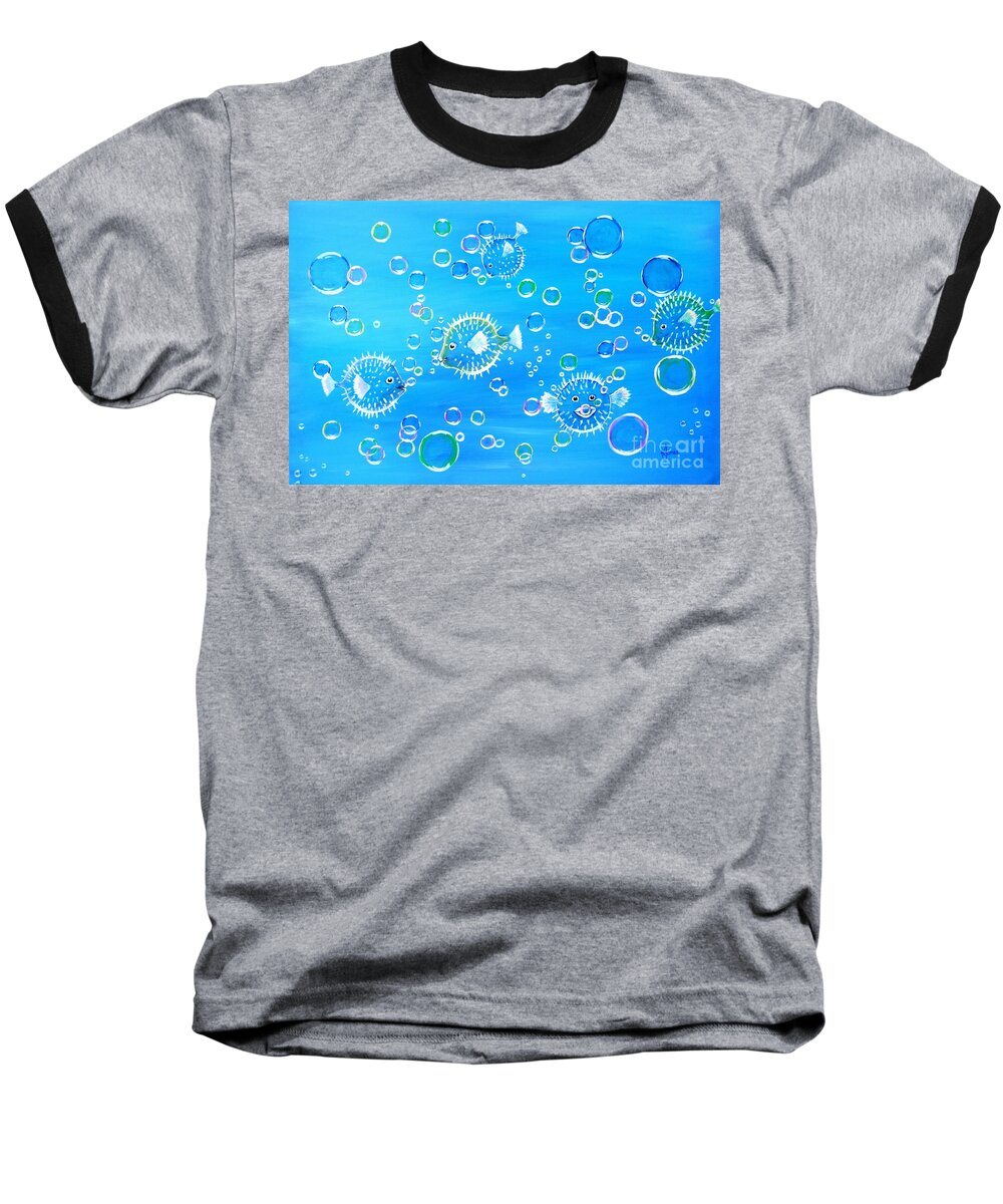 Puffer Fish Baseball T-Shirt featuring the painting Pufferfish Playtime by Karen Jane Jones