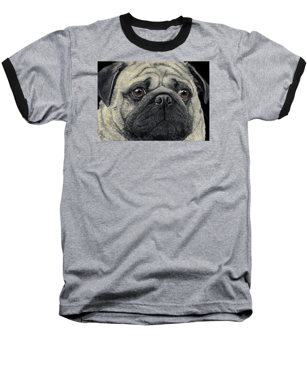 Dog Baseball T-Shirt featuring the drawing Pugshot by Ann Ranlett