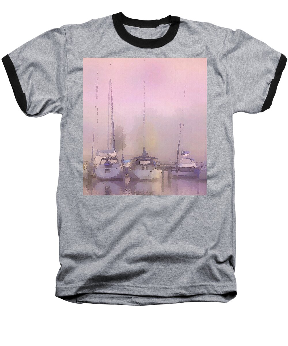 Landscape Baseball T-Shirt featuring the mixed media Purple Marina Morning by Shelli Fitzpatrick