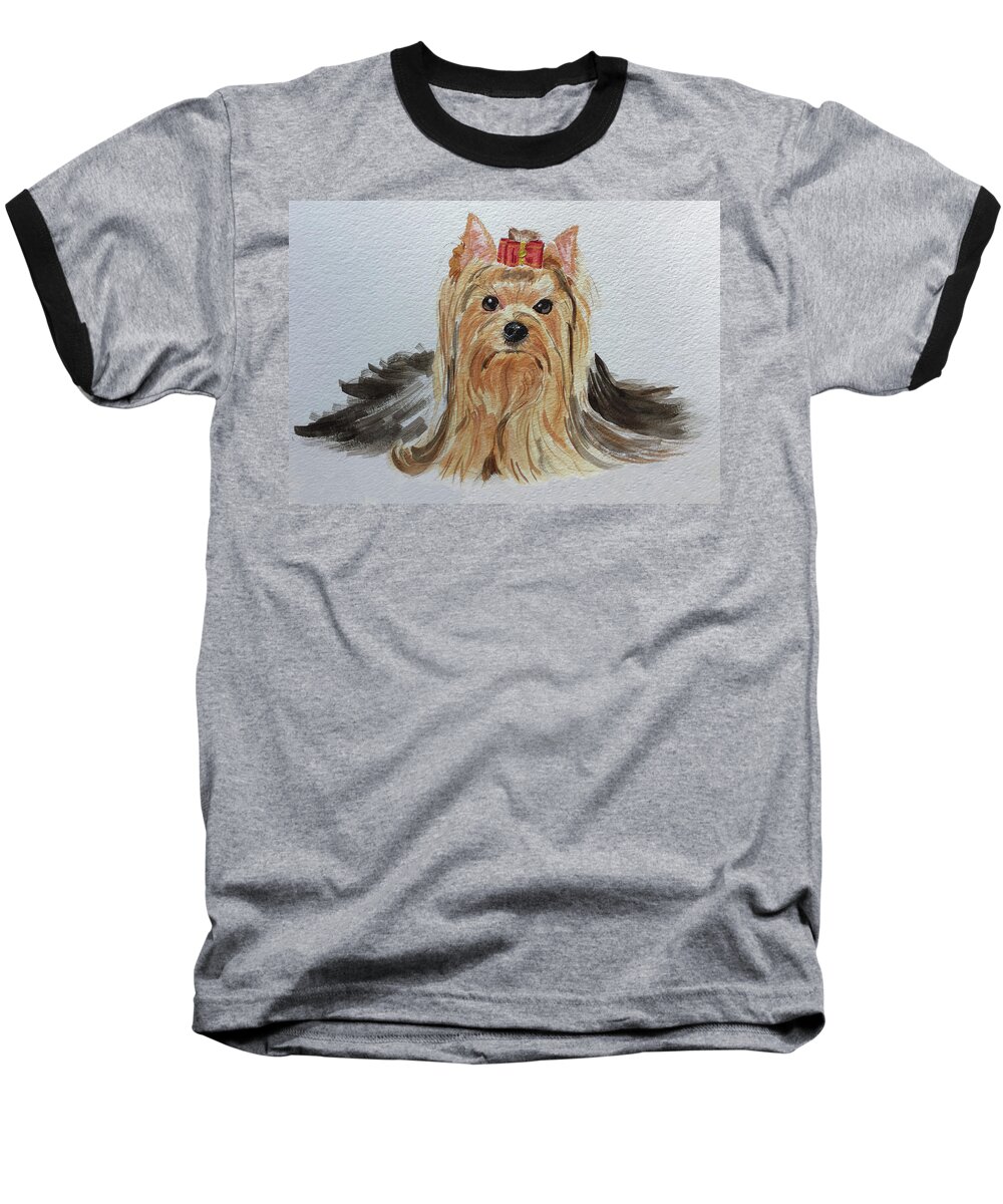 Yorkie Baseball T-Shirt featuring the painting Put A Bow On It by Sonja Jones