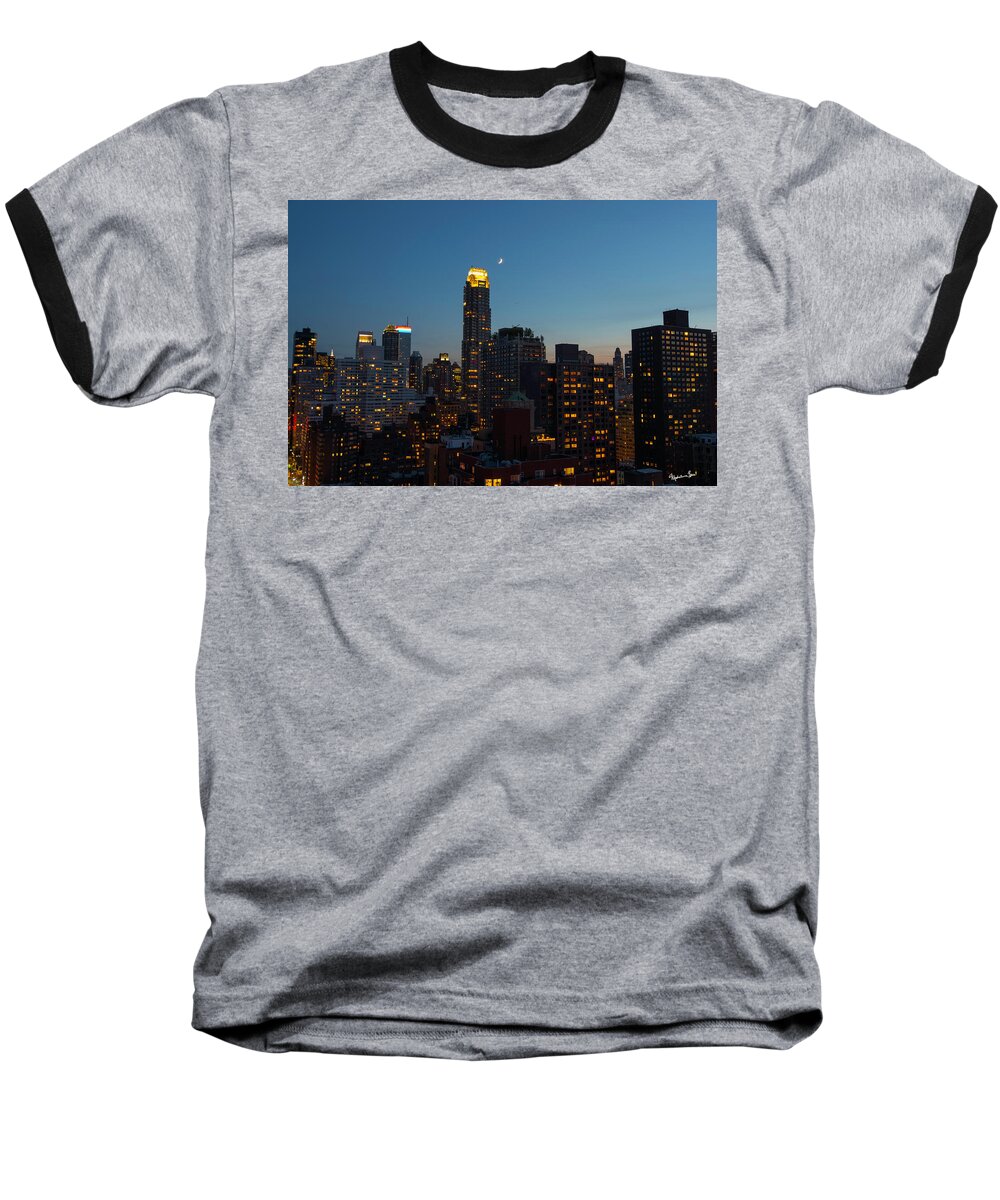 Manhattan Baseball T-Shirt featuring the photograph Quarter Moon Over Manhattan by Madeline Ellis