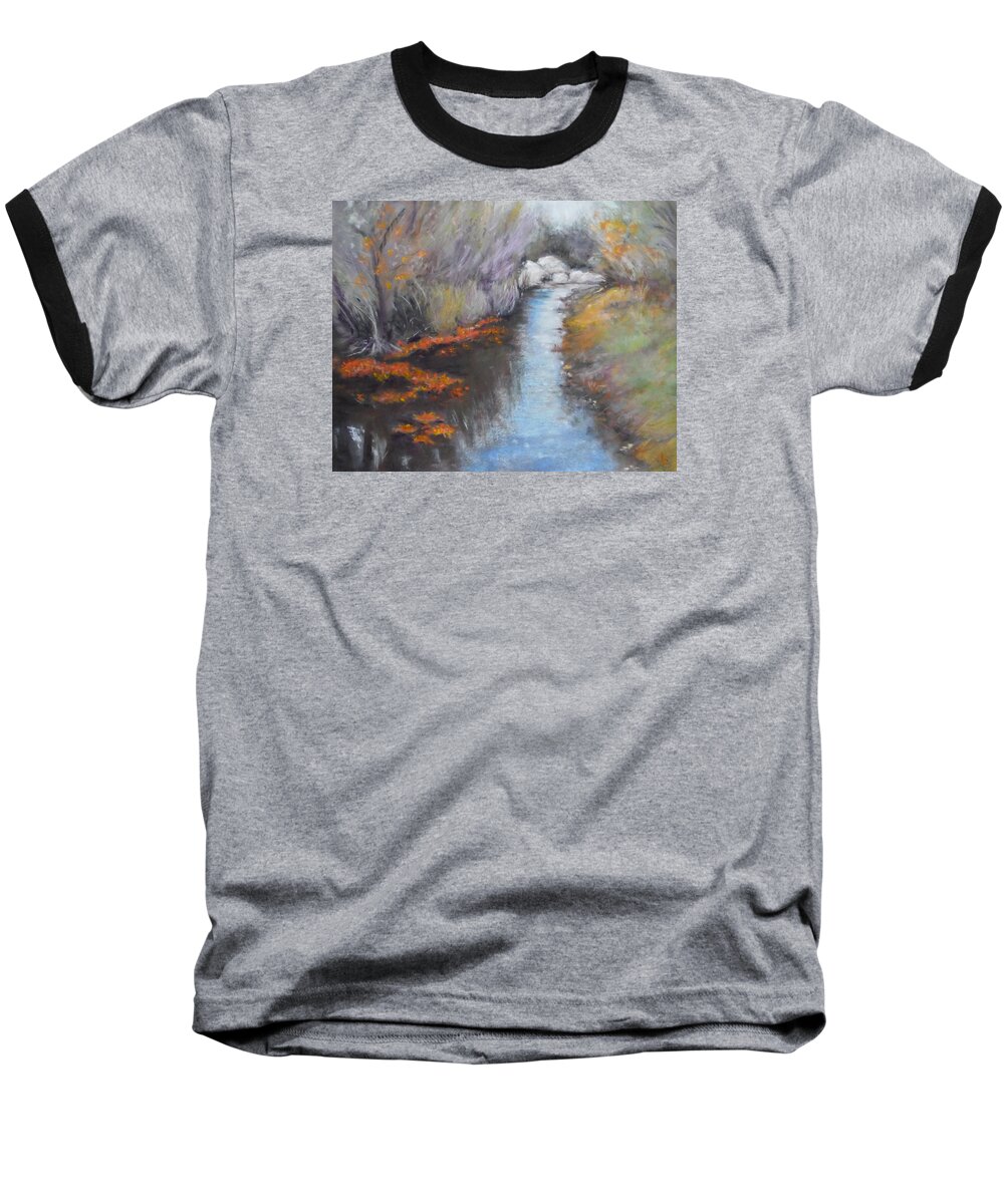 River Baseball T-Shirt featuring the pastel Quiet Arrival by Sandra Lee Scott