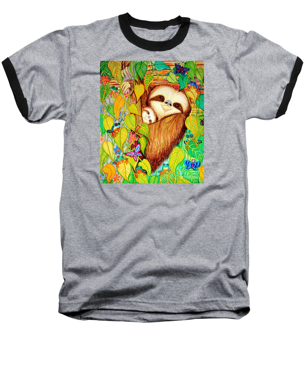 Mother And Baby Sloth Baseball T-Shirt featuring the drawing Rain Forest Survival Mother and Baby Three Toed Sloth by Nick Gustafson