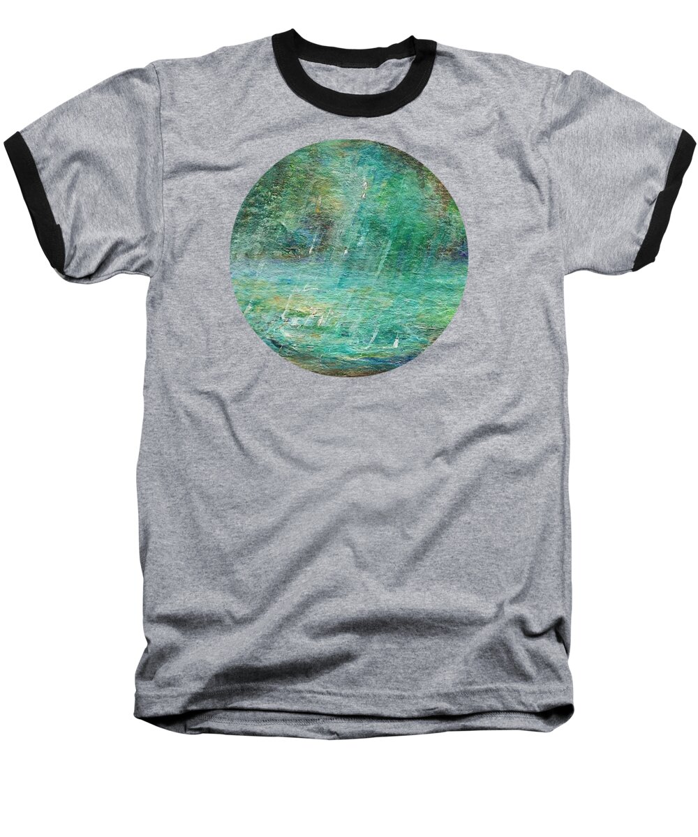 Landscape Painting Baseball T-Shirt featuring the painting Rain on the Pond by Mary Wolf