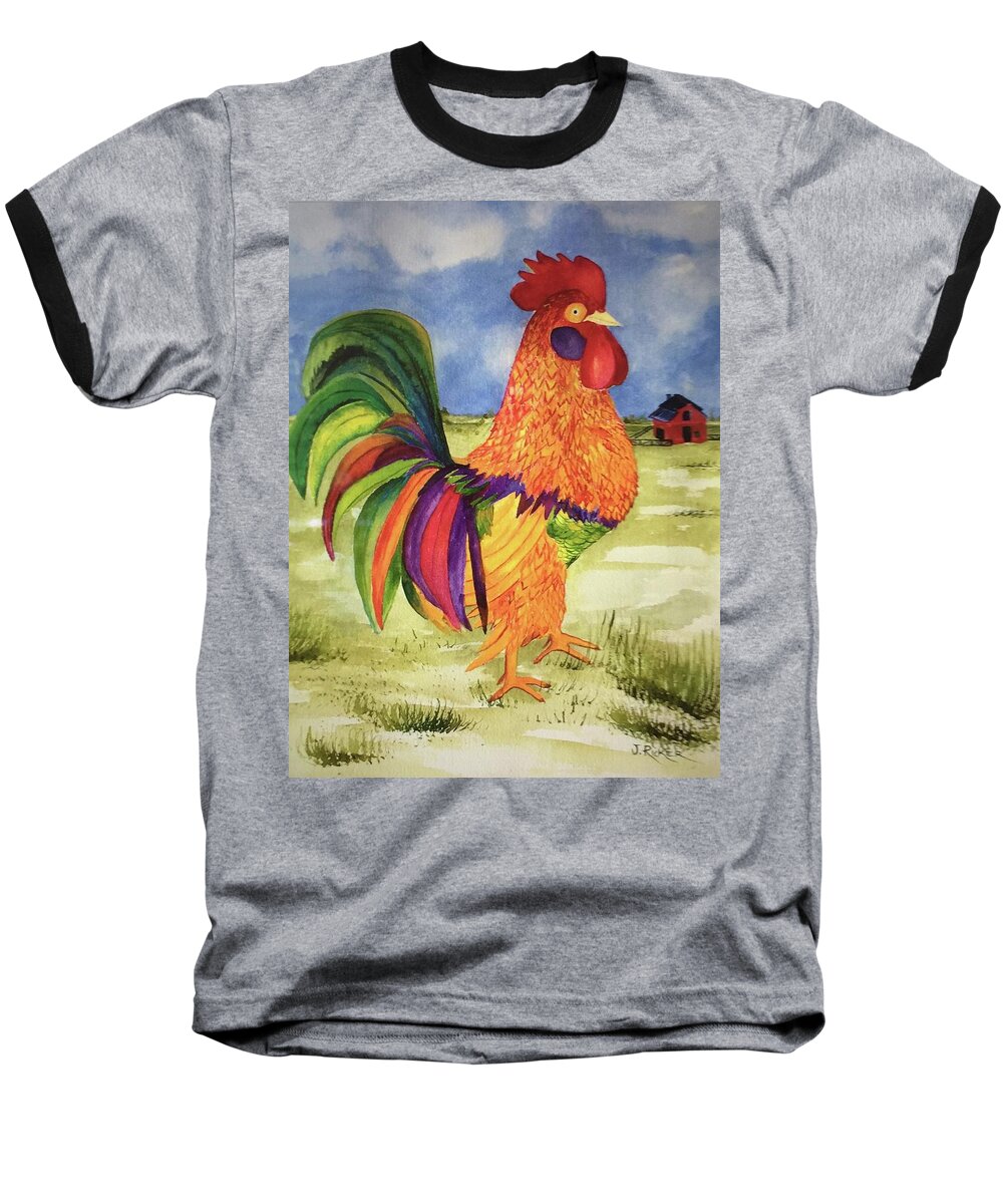 Rooster. Chicken Baseball T-Shirt featuring the painting Rainbow Rooster by Jane Ricker