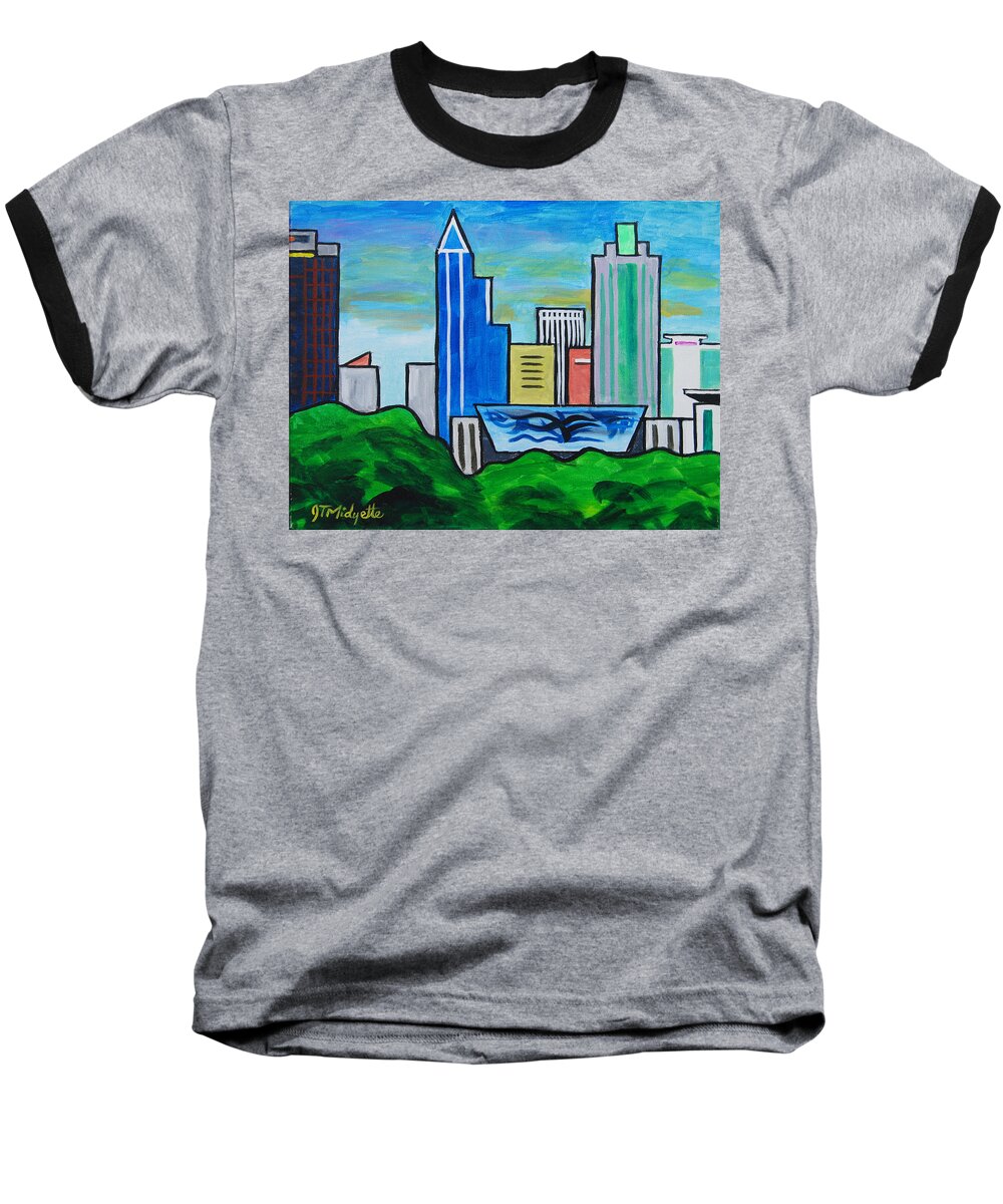 Raleigh Shimmer Wall Baseball T-Shirt featuring the painting Raleigh Skyline 3 by Tommy Midyette
