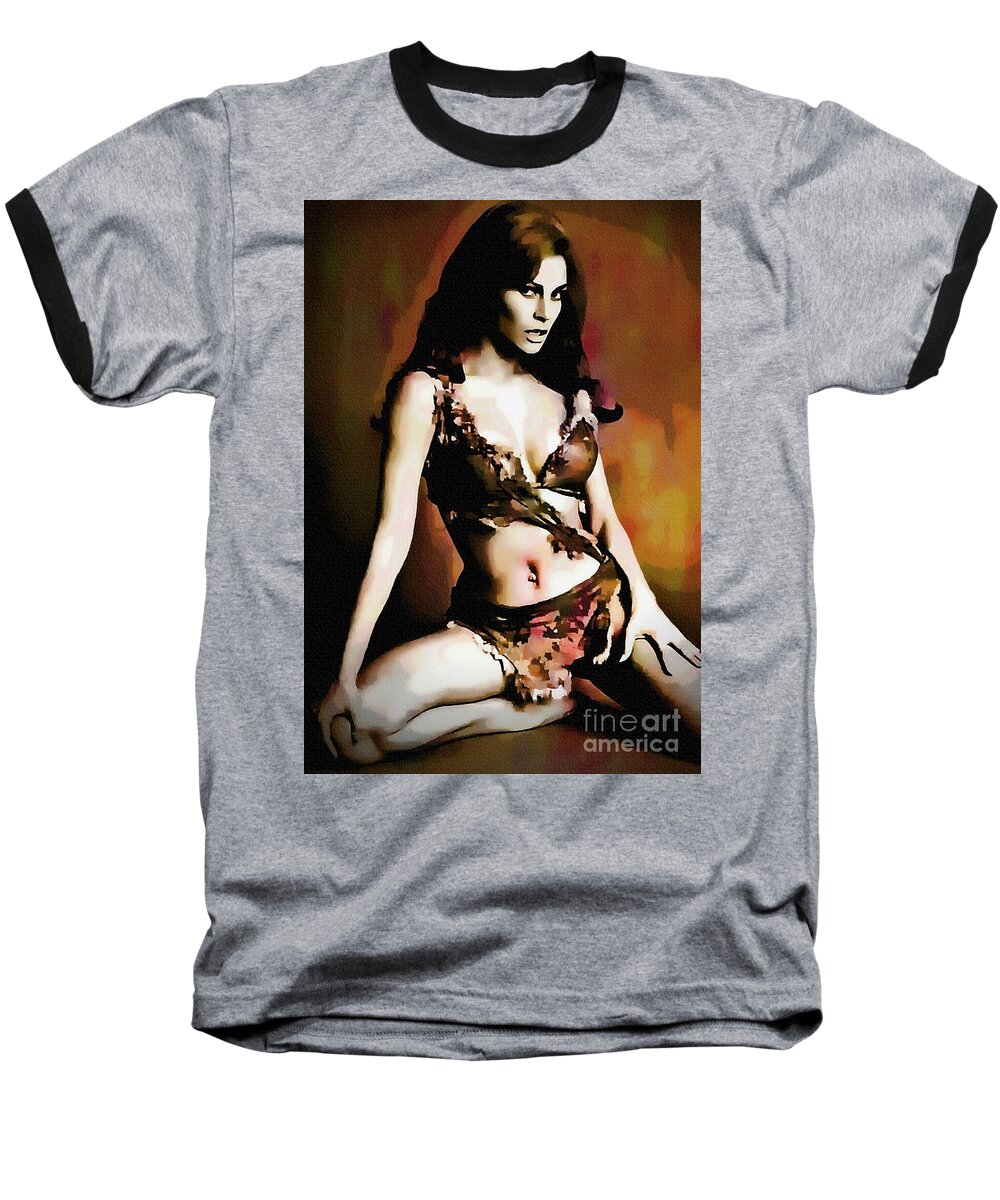Raquel Welch Baseball T-Shirt featuring the painting Raquel Welch - One Million Years B.C. by Ian Gledhill