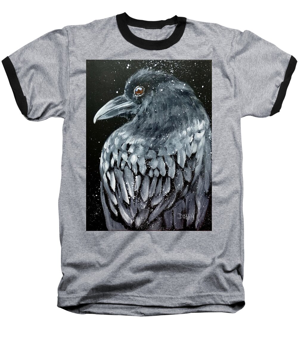 Raven Portrait Baseball T-Shirt featuring the painting Raven in Snow by Pat Dolan