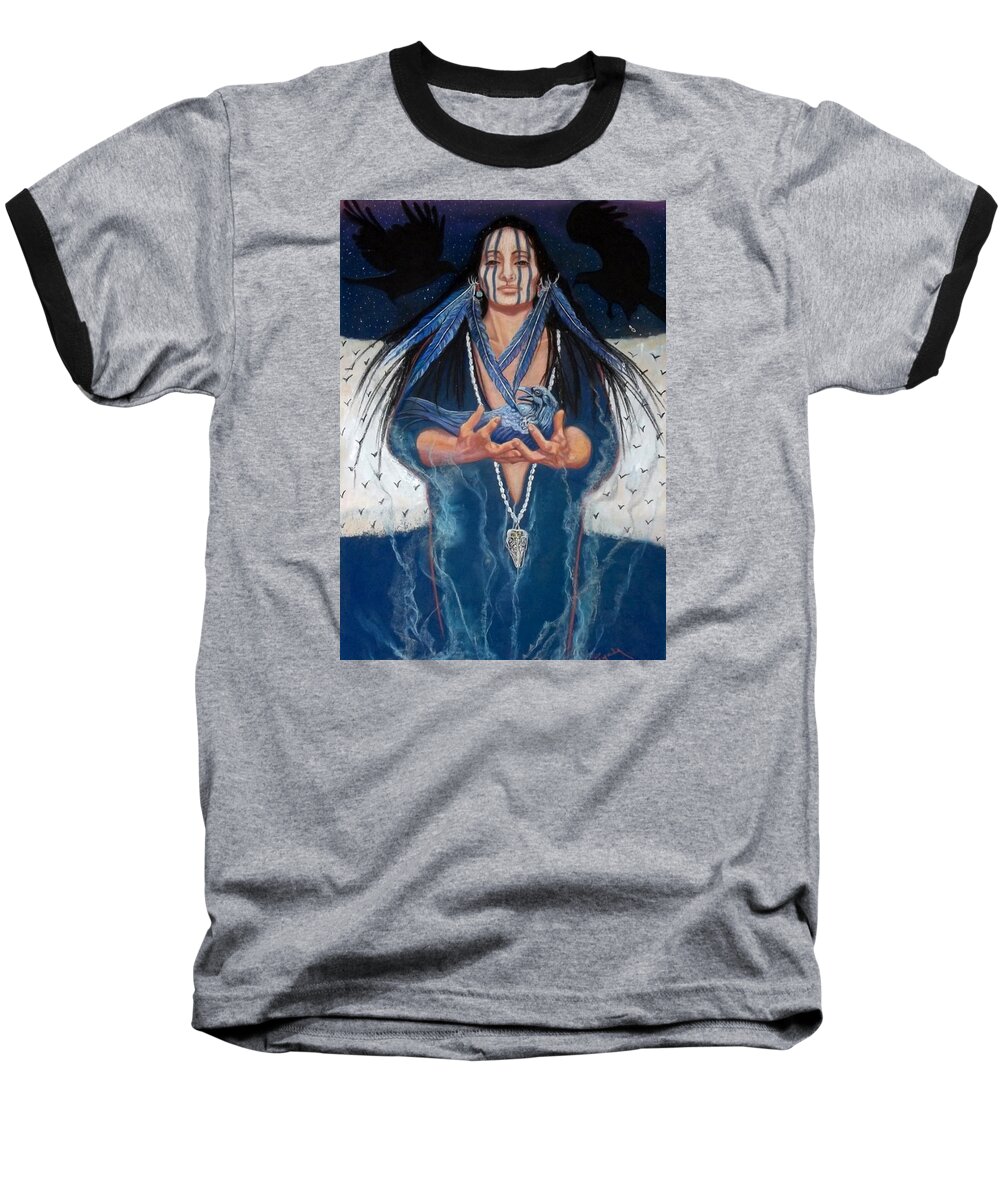 Southwest Art Indian Shaman Raven Totam Shaman Healing Great Spitit ;healing Medicine Painting Baseball T-Shirt featuring the pastel Raven Medicine by Pamela Mccabe