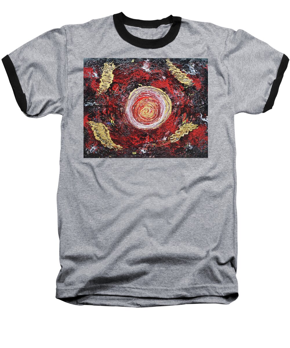 Energy Baseball T-Shirt featuring the painting Raw Harmony red and gold art by Manjiri Kanvinde