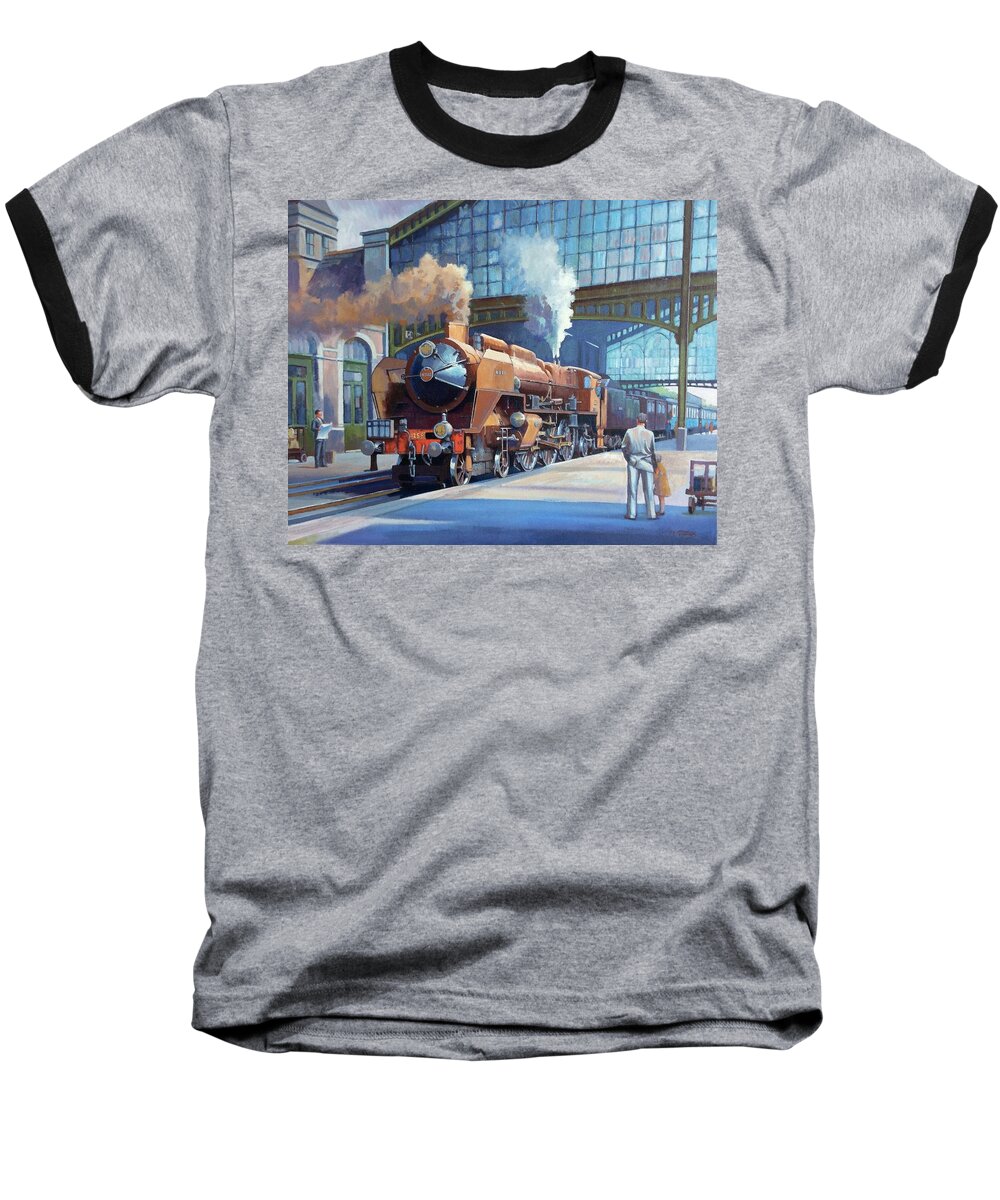 Steam Baseball T-Shirt featuring the painting Rebuilt Chapelon Pacific at Calais. by Mike Jeffries