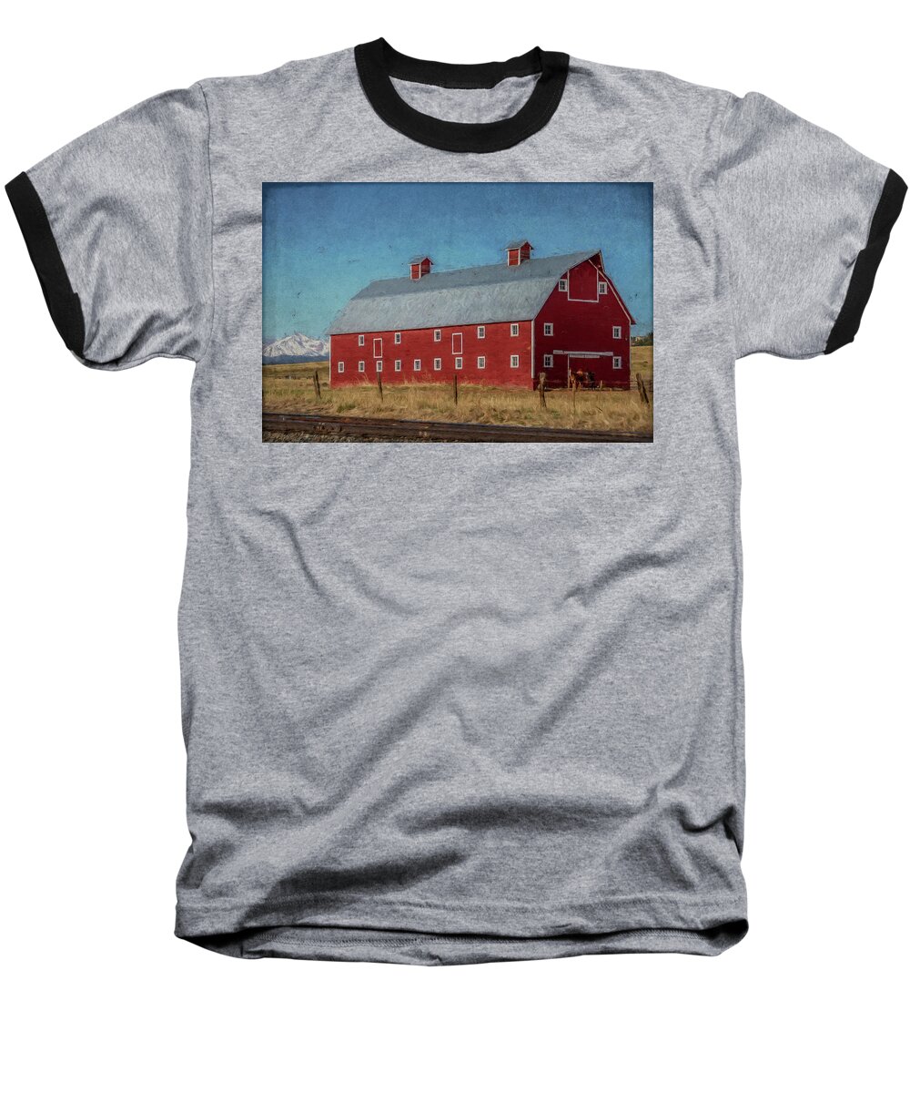 Barn Baseball T-Shirt featuring the mixed media Red Barn by the Railroad Tracks by Teresa Wilson