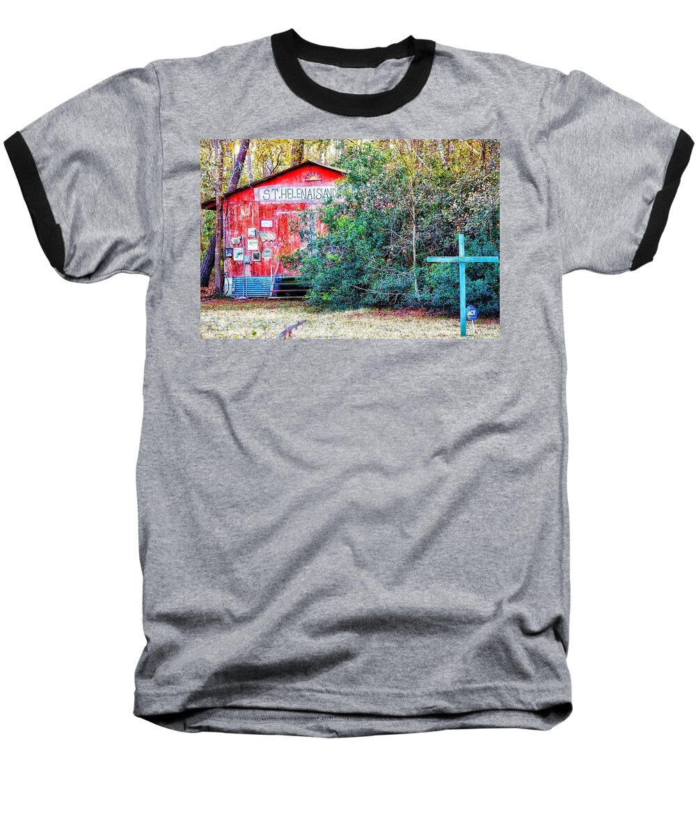 Red Barn Baseball T-Shirt featuring the photograph Red Barn with Signs, Heavily Guarded by Patricia Greer