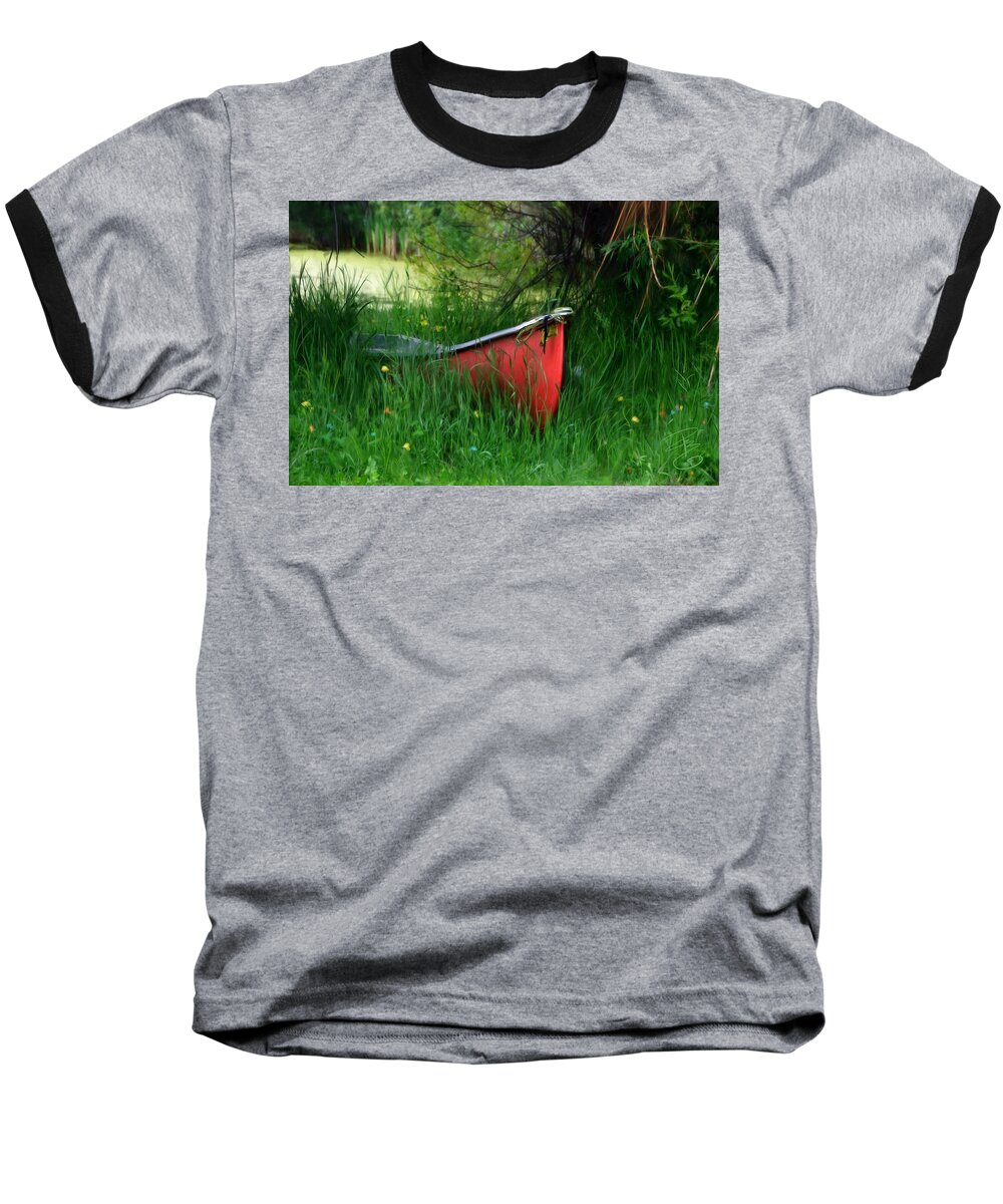 Boat Baseball T-Shirt featuring the digital art Red canoe by Debra Baldwin