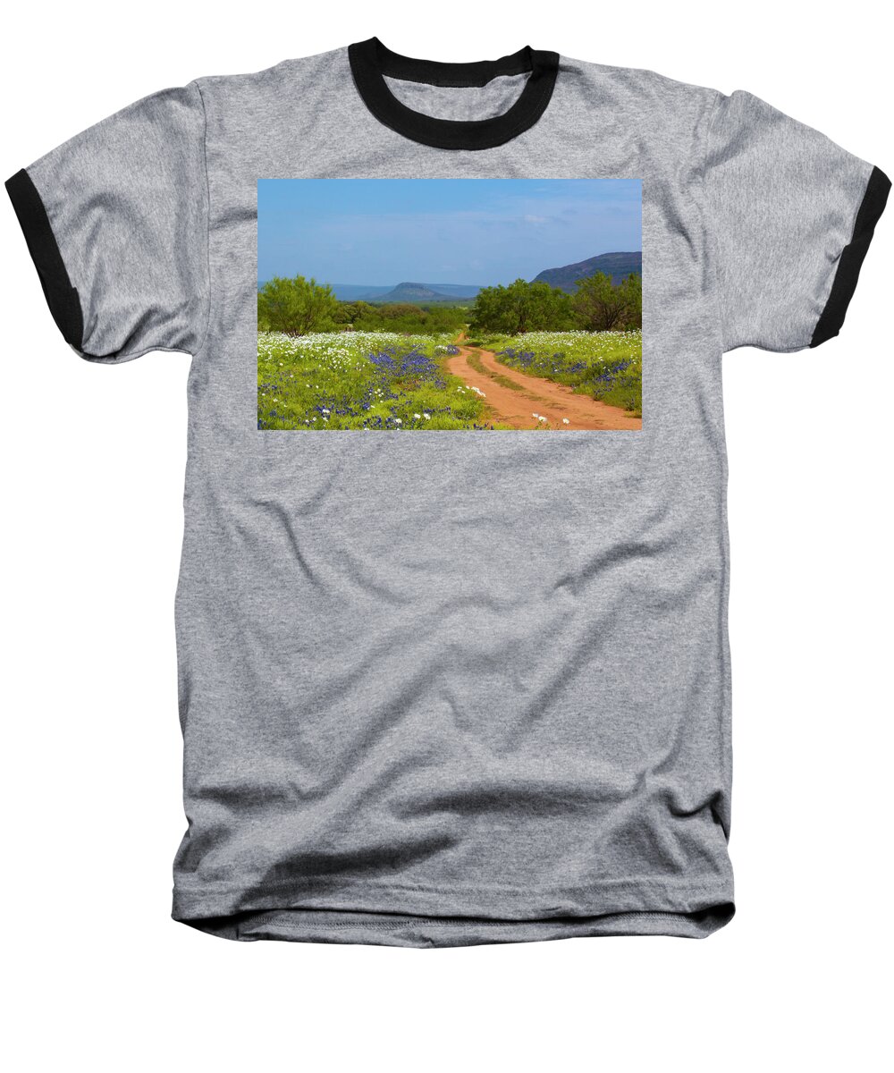 Willow City Loop Baseball T-Shirt featuring the photograph Red Dirt Road With Wild Flowers by Brian Kinney