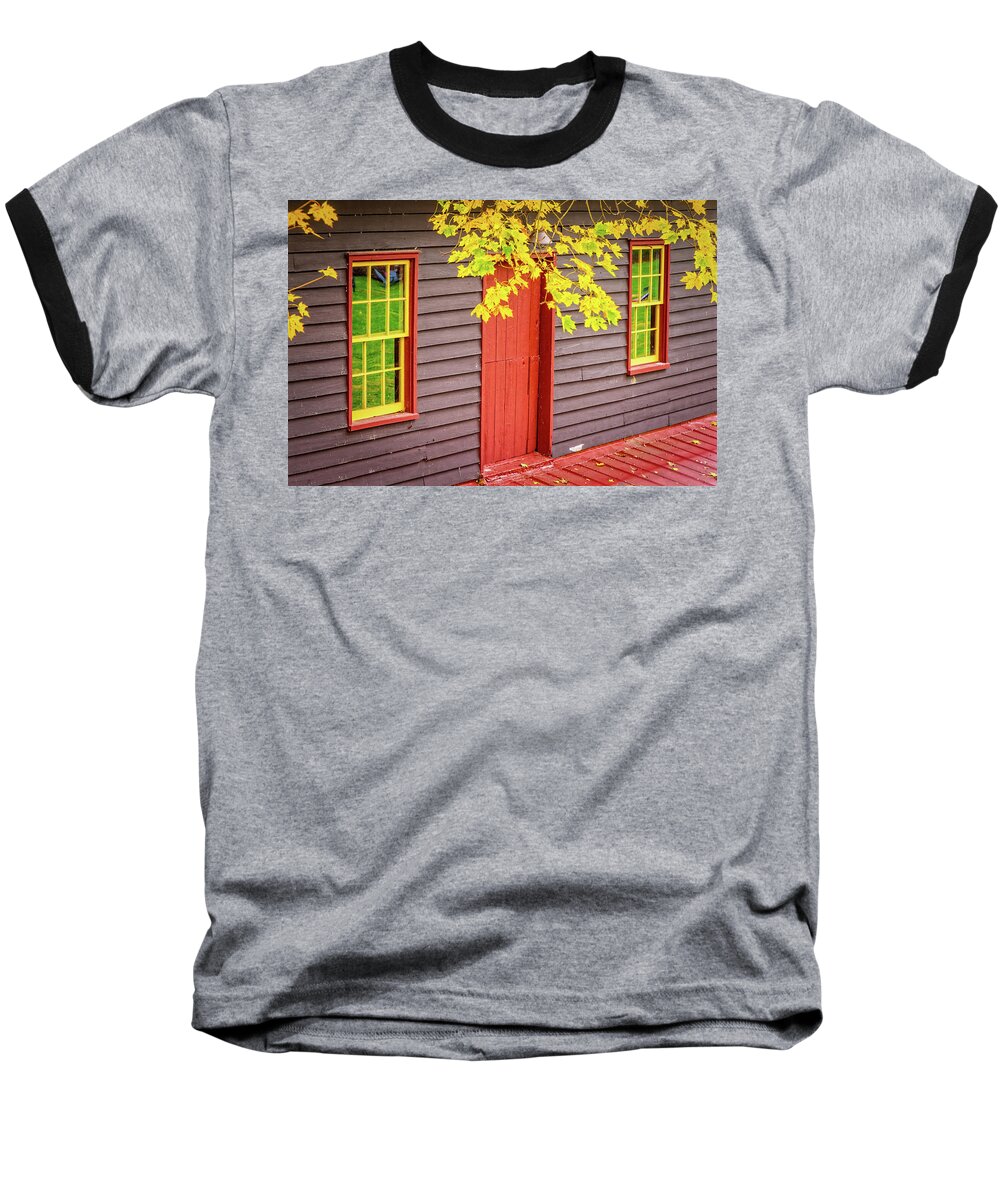 Landscape Baseball T-Shirt featuring the photograph Red Mill Door in Fall by Joe Shrader