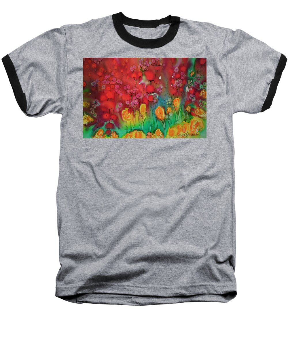 Red Baseball T-Shirt featuring the painting RED by Shirley Sykes Bracken