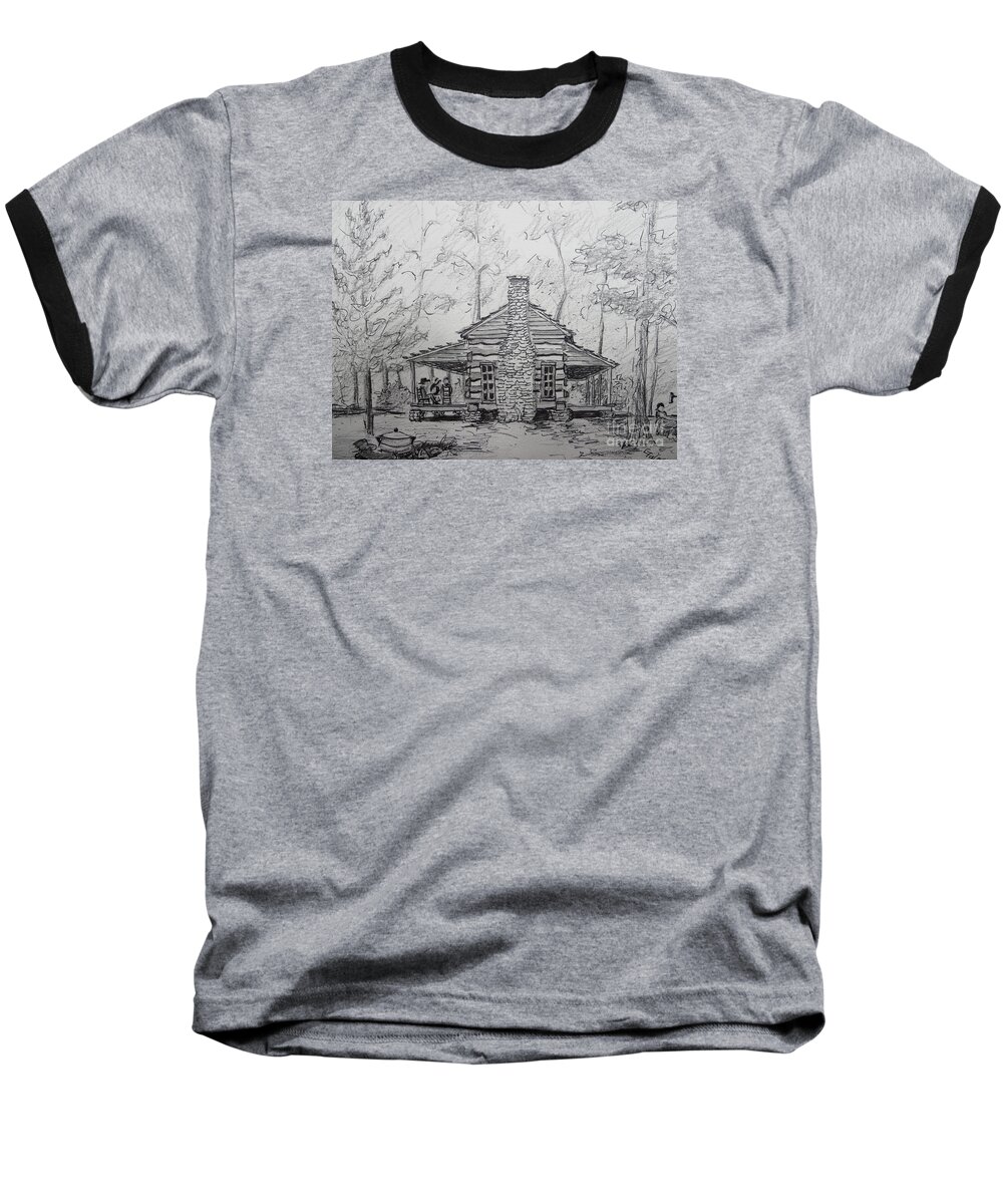 Log Cabin Baseball T-Shirt featuring the painting Red Top Mountain's Log Cabin by Gretchen Allen