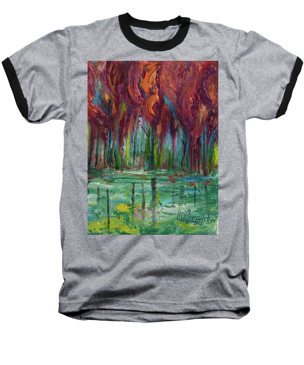 Impressionism Baseball T-Shirt featuring the painting Red Trees Thick Impasto Abstract Painting by Lena Owens - OLena Art Vibrant Palette Knife and Graphic Design