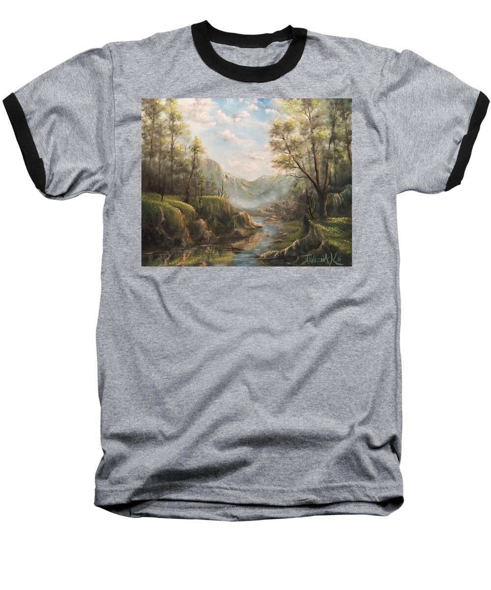 Landscape Lake Mountains Rocky Ridge Trees Oak Pine Nature Wild Secluded Country Baseball T-Shirt featuring the painting Reflections of calm by Justin Wozniak