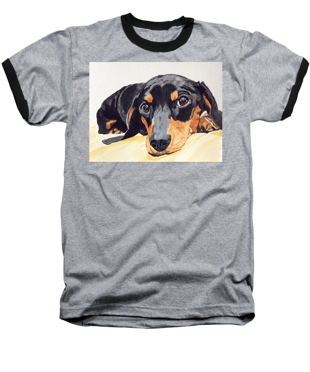 Dachshund Baseball T-Shirt featuring the painting Please Come Home by Sonja Jones