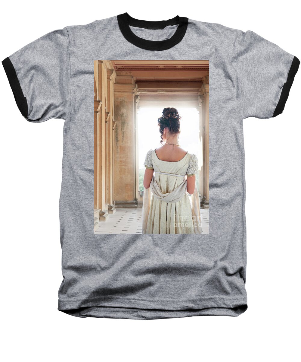 Regency Baseball T-Shirt featuring the photograph Regency Woman Under A Colonnade by Lee Avison