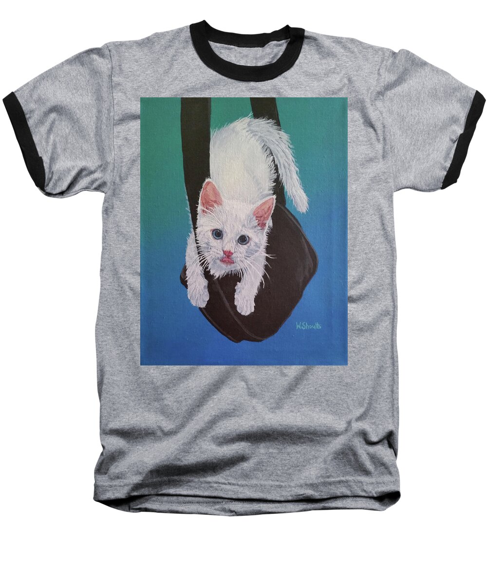 White Kitten Baseball T-Shirt featuring the painting Rembrandt Justa Swingin by Wendy Shoults