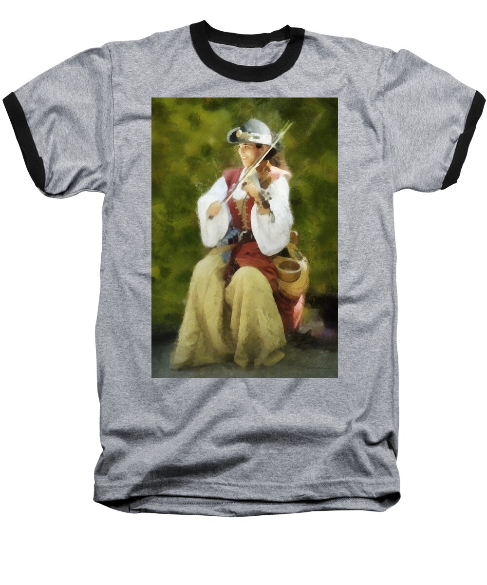 Fiddler Violin Play Playing Music Musician Lady Woman Girl Female Entertainer Baseball T-Shirt featuring the digital art Renaissance Fiddler Lady by Frances Miller