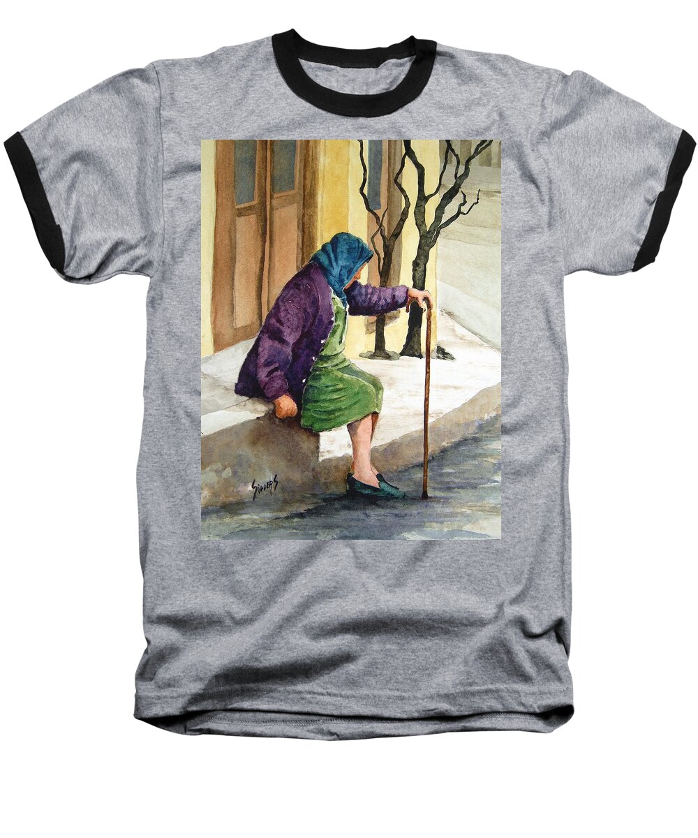 Old Lady Baseball T-Shirt featuring the painting Resting by Sam Sidders
