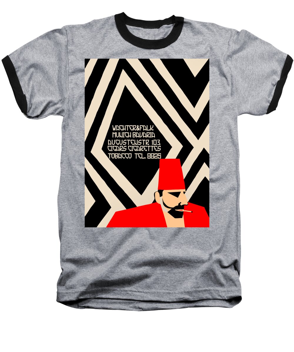  Baseball T-Shirt featuring the drawing Retro geometric style German Turkish tobacco ad by Heidi De Leeuw