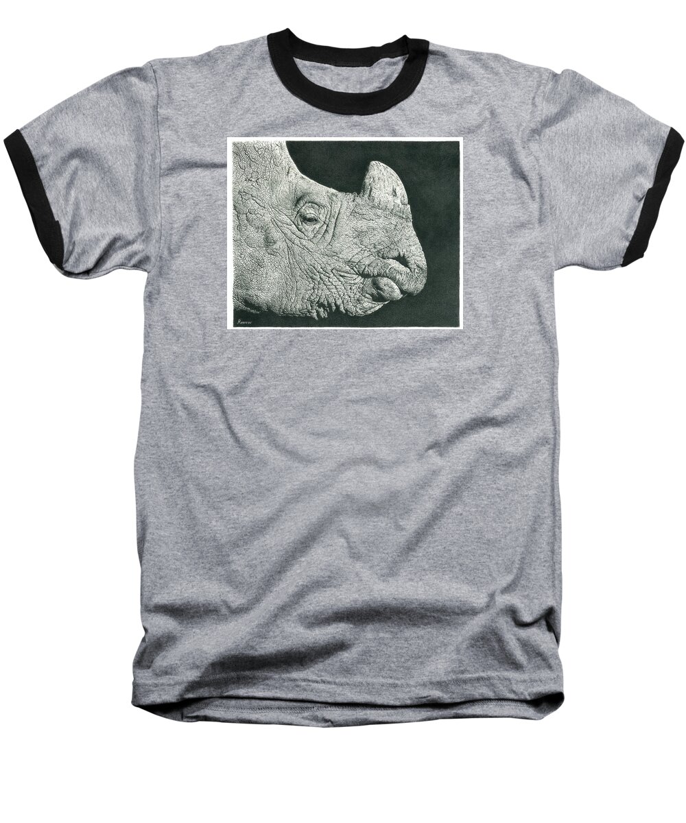 Rhino Baseball T-Shirt featuring the drawing Rhino Pencil Drawing by Casey 'Remrov' Vormer