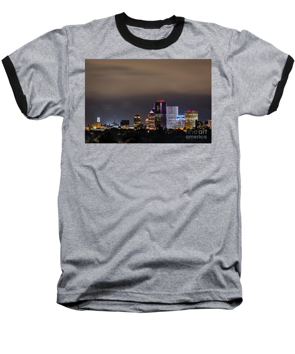 City Baseball T-Shirt featuring the photograph Rochester, NY Lit by Joann Long