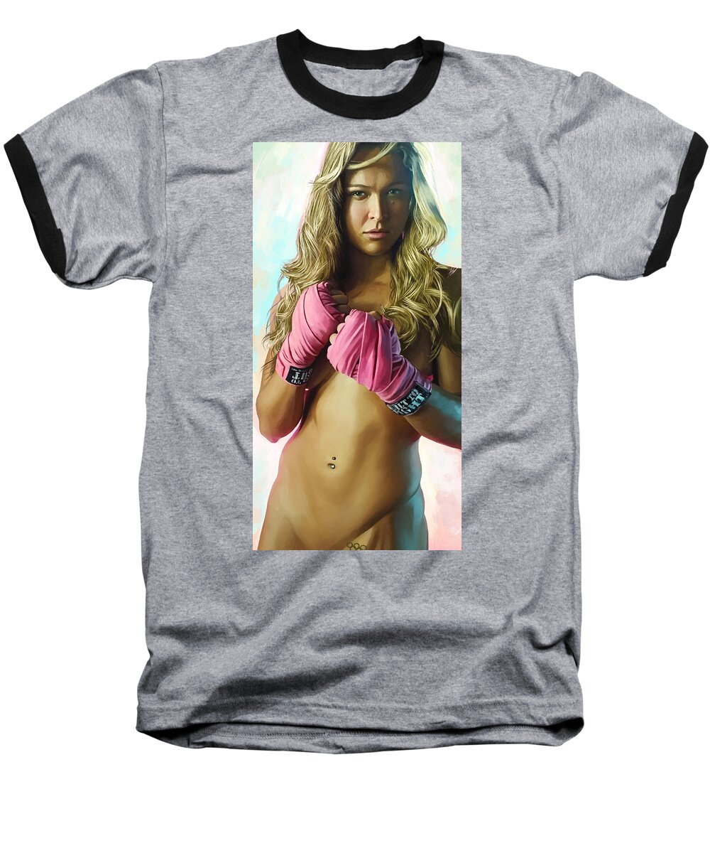 Ronda Rousey Baseball T-Shirt featuring the painting Ronda Rousey Artwork by Sheraz A