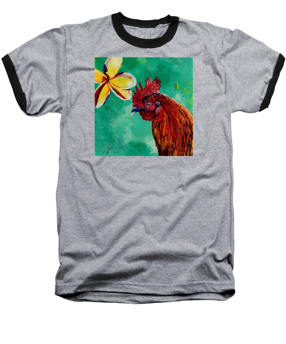 Rooster Art Baseball T-Shirt featuring the painting Rooster and Plumeria by Marionette Taboniar