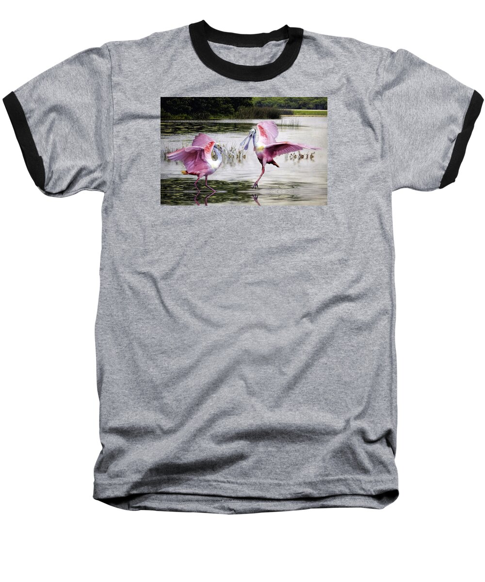 Roseate Spoonbill Baseball T-Shirt featuring the photograph Roseate Spoonbills sparring. by Brian Tarr