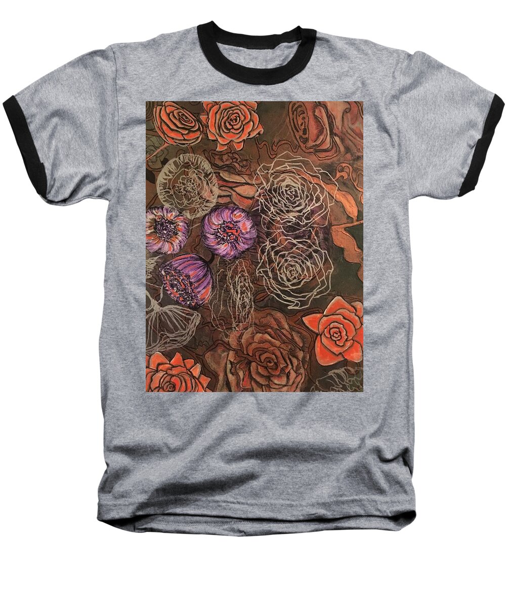 Stylizate Baseball T-Shirt featuring the mixed media Roses in Time by Mastiff Studios