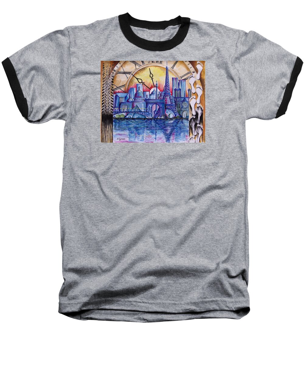  Paris Baseball T-Shirt featuring the painting Rush Hour In Paris by Geni Gorani