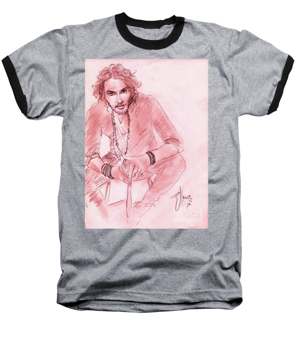 Russell Brand Baseball T-Shirt featuring the drawing Russell Brand by PJ Lewis