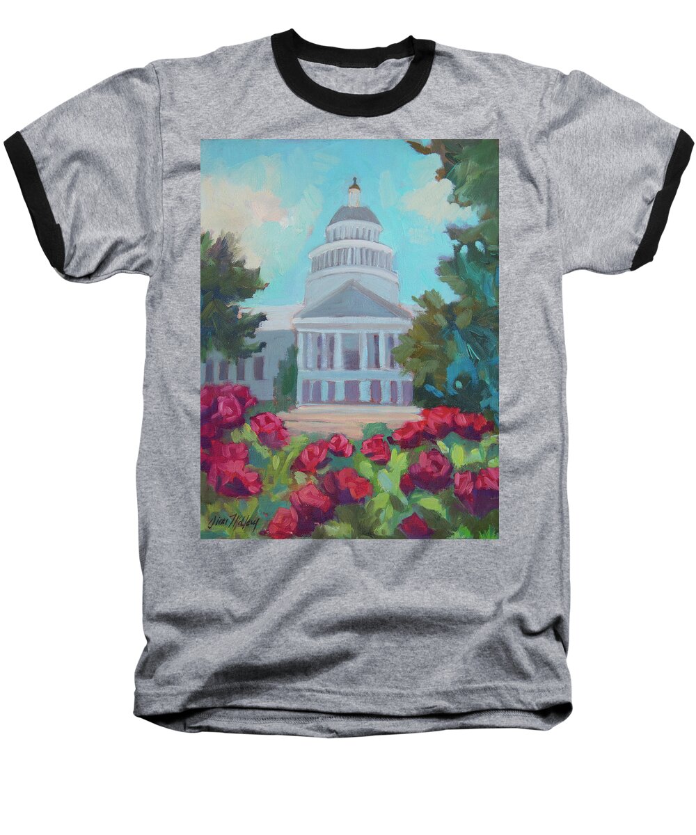 California Baseball T-Shirt featuring the painting Sacramento Capitol and Roses by Diane McClary