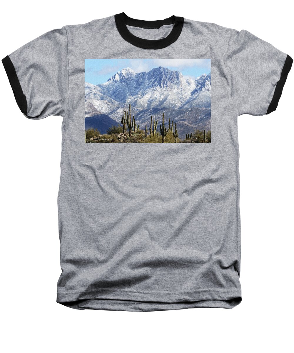 Saguaros At Four Peaks With Snow Baseball T-Shirt featuring the photograph Saguaros At Four Peaks With Snow by Tom Janca