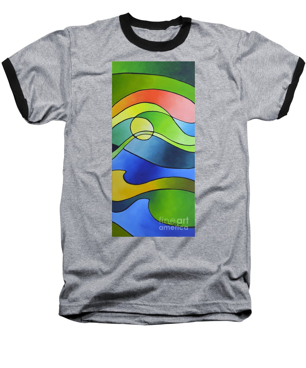 Geometric Baseball T-Shirt featuring the painting Sailing Away, Canvas Three by Sally Trace
